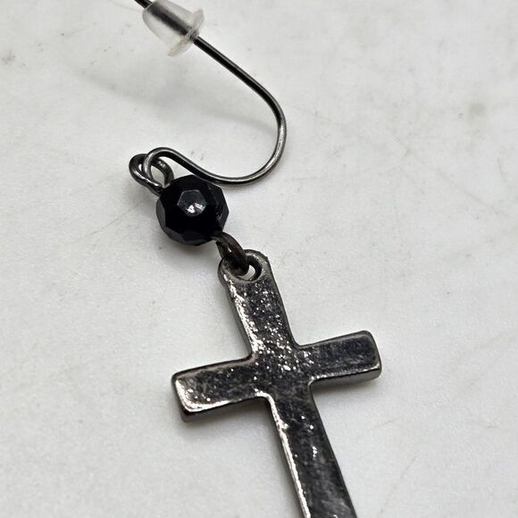 "5/$25" Mismatched Cross Circle Drop Black Crystal Silvertone Dangle Earrings - Picture 7 of 8